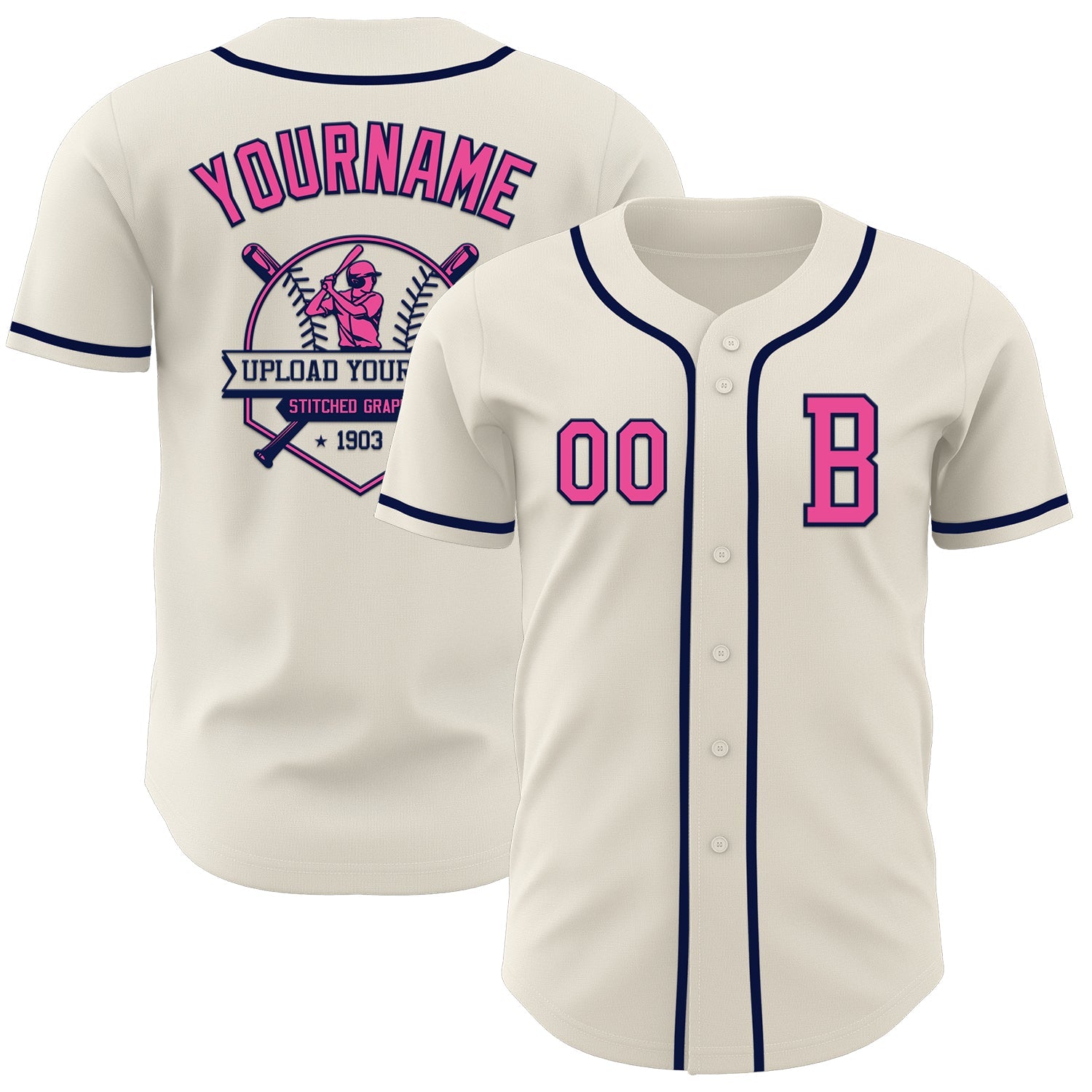 Custom Cream Pink-Navy Authentic Baseball Jersey view 5