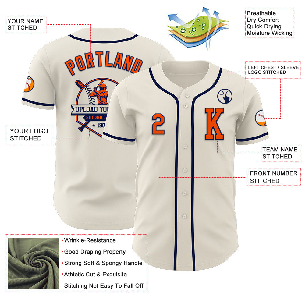 Custom Cream Orange-Navy Authentic Baseball Jersey view 6