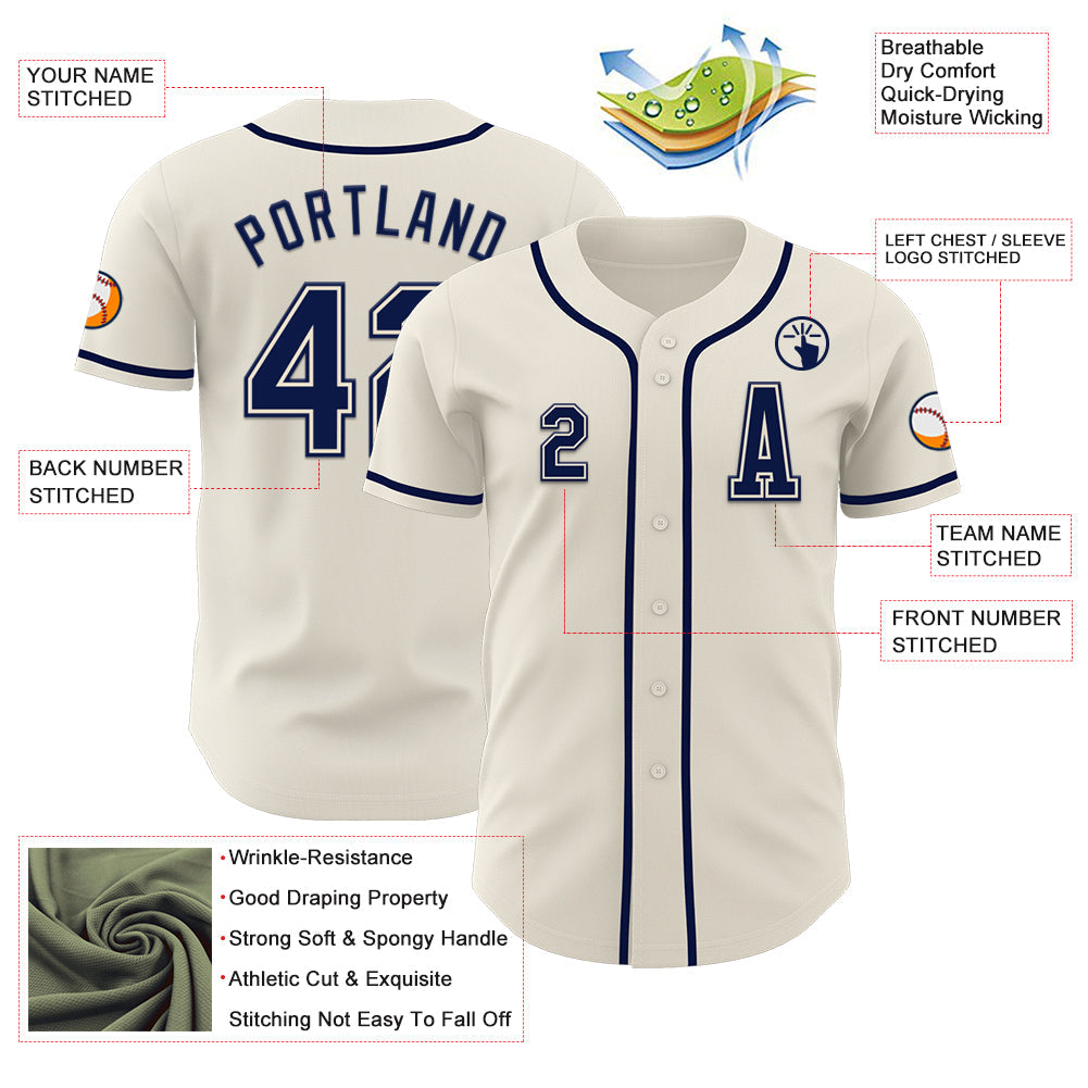 Custom Cream Navy Authentic Baseball Jersey view 2