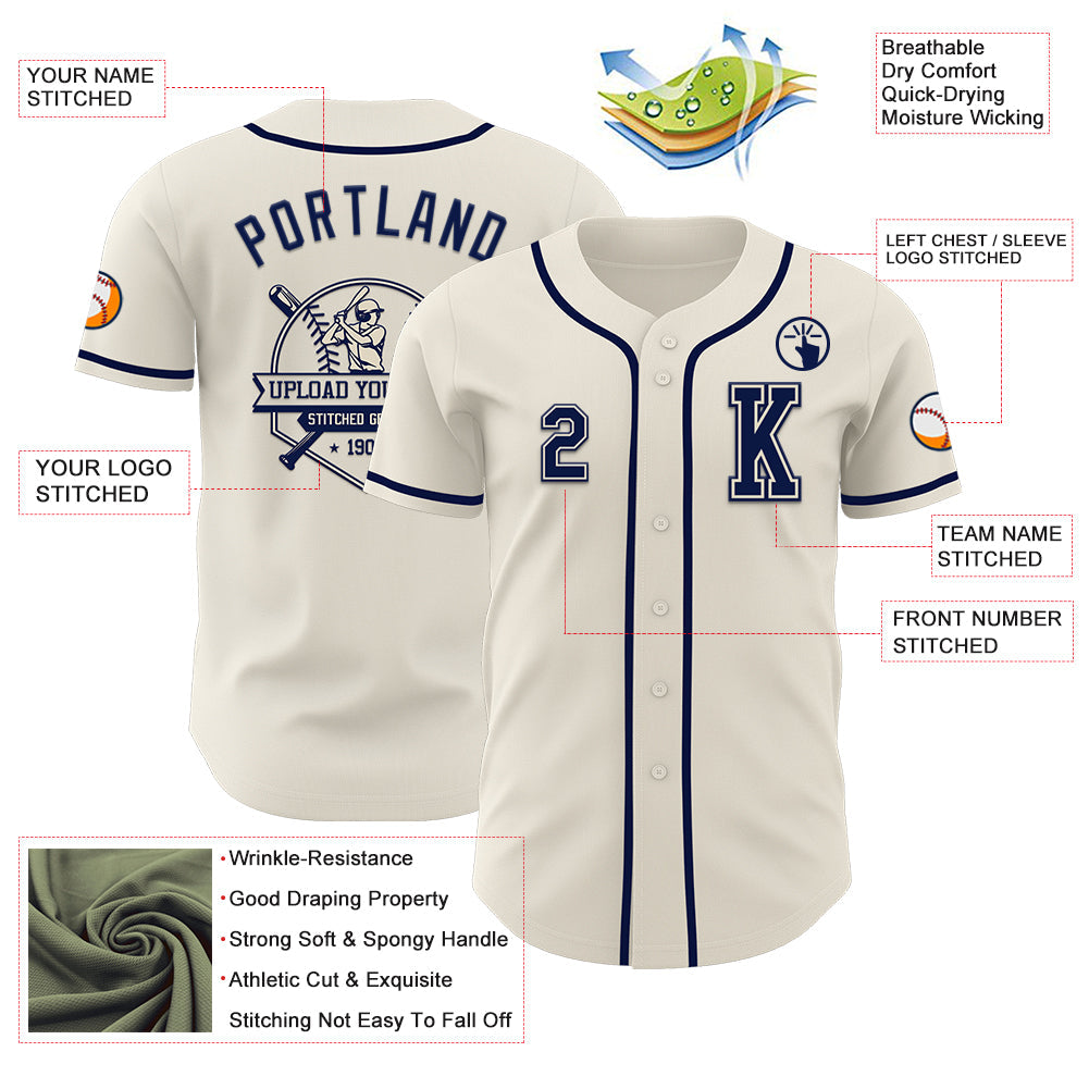 Custom Cream Navy Authentic Baseball Jersey view 6