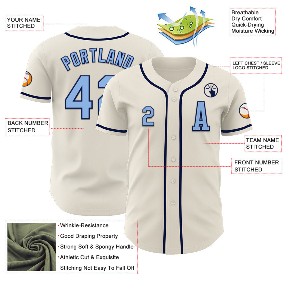 Custom Cream Light Blue-Navy Authentic Baseball Jersey view 2