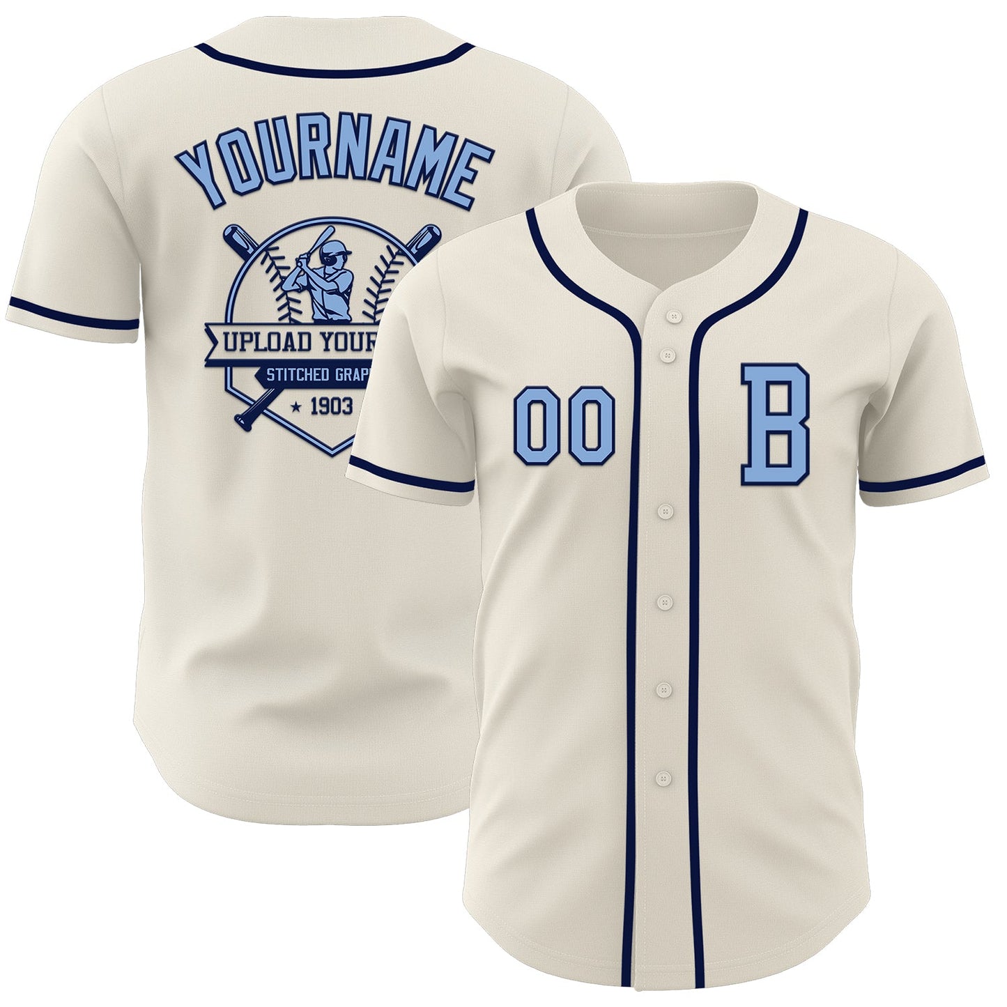 Custom Cream Light Blue-Navy Authentic Baseball Jersey view 5