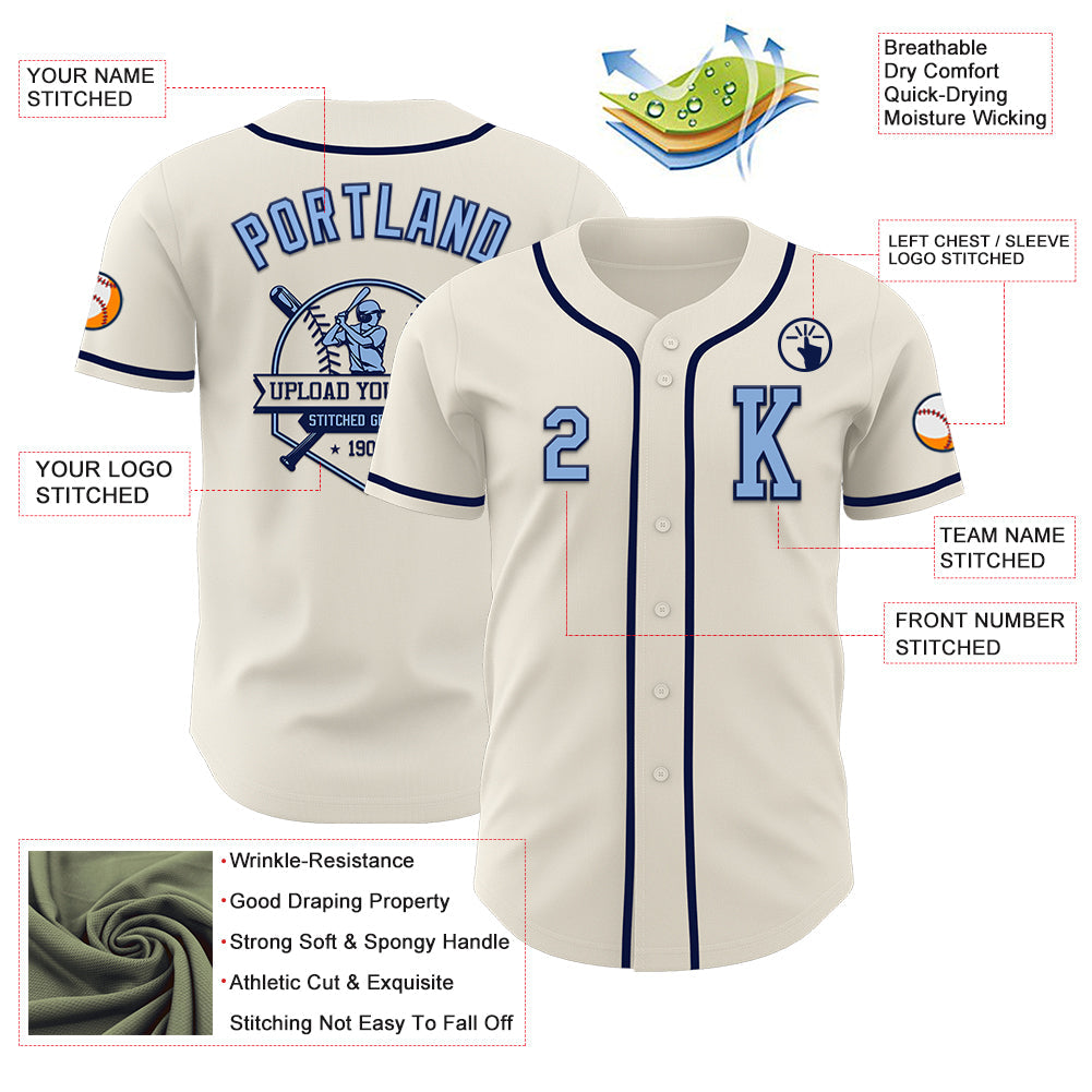 Custom Cream Light Blue-Navy Authentic Baseball Jersey view 6