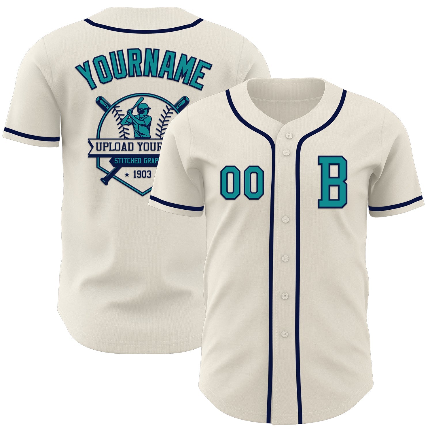 Custom Cream Teal-Navy Authentic Baseball Jersey view 5