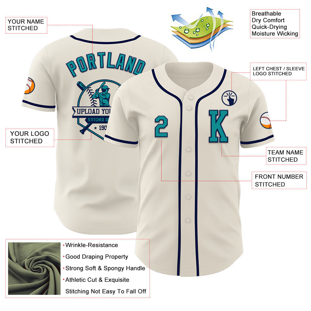 Custom Cream Teal-Navy Authentic Baseball Jersey view 6