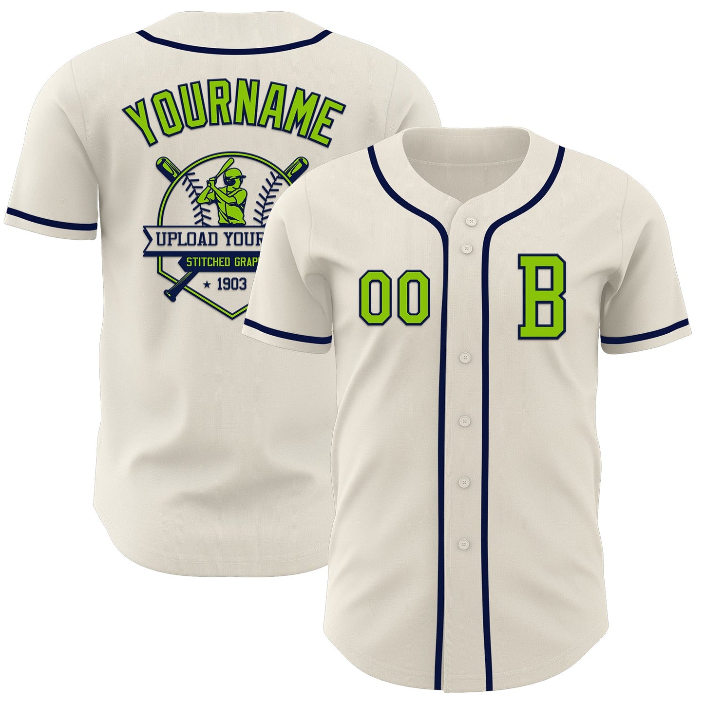 Custom Cream Neon Green-Navy Authentic Baseball Jersey view 5