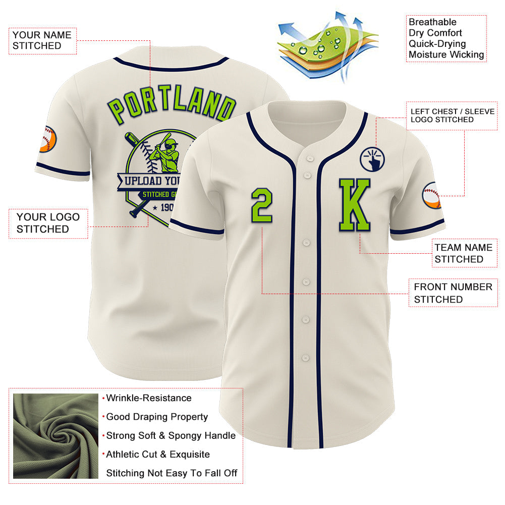 Custom Cream Neon Green-Navy Authentic Baseball Jersey view 6
