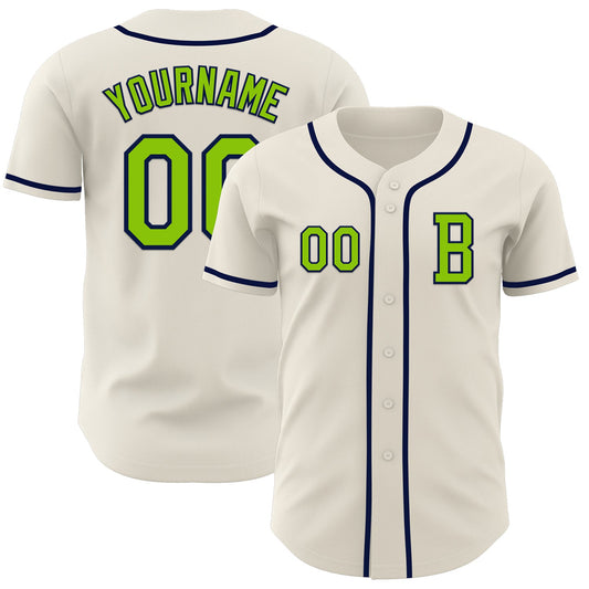 Custom Cream Neon Green-Navy Authentic Baseball Jersey - Main View