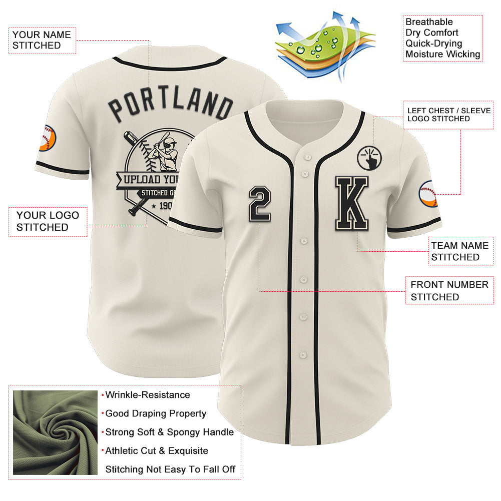 Custom Cream Black Authentic Baseball Jersey view 6