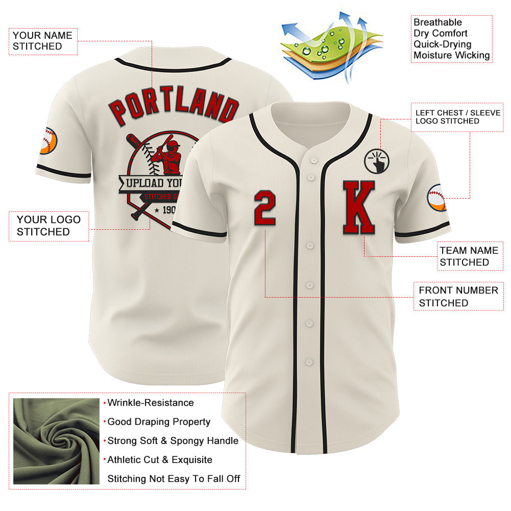Custom Cream Red-Black Authentic Baseball Jersey view 6