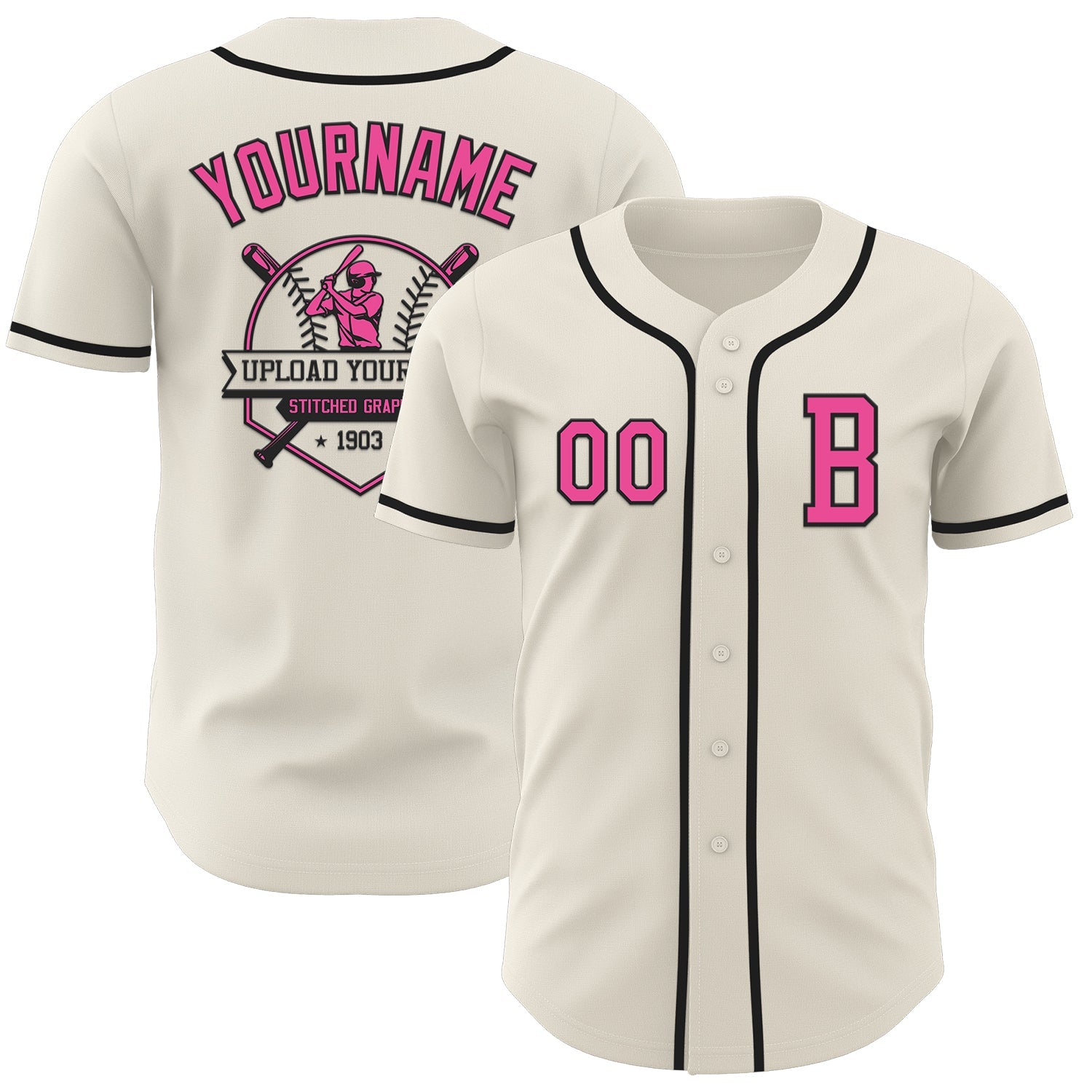 Custom Cream Pink-Black Authentic Baseball Jersey view 5