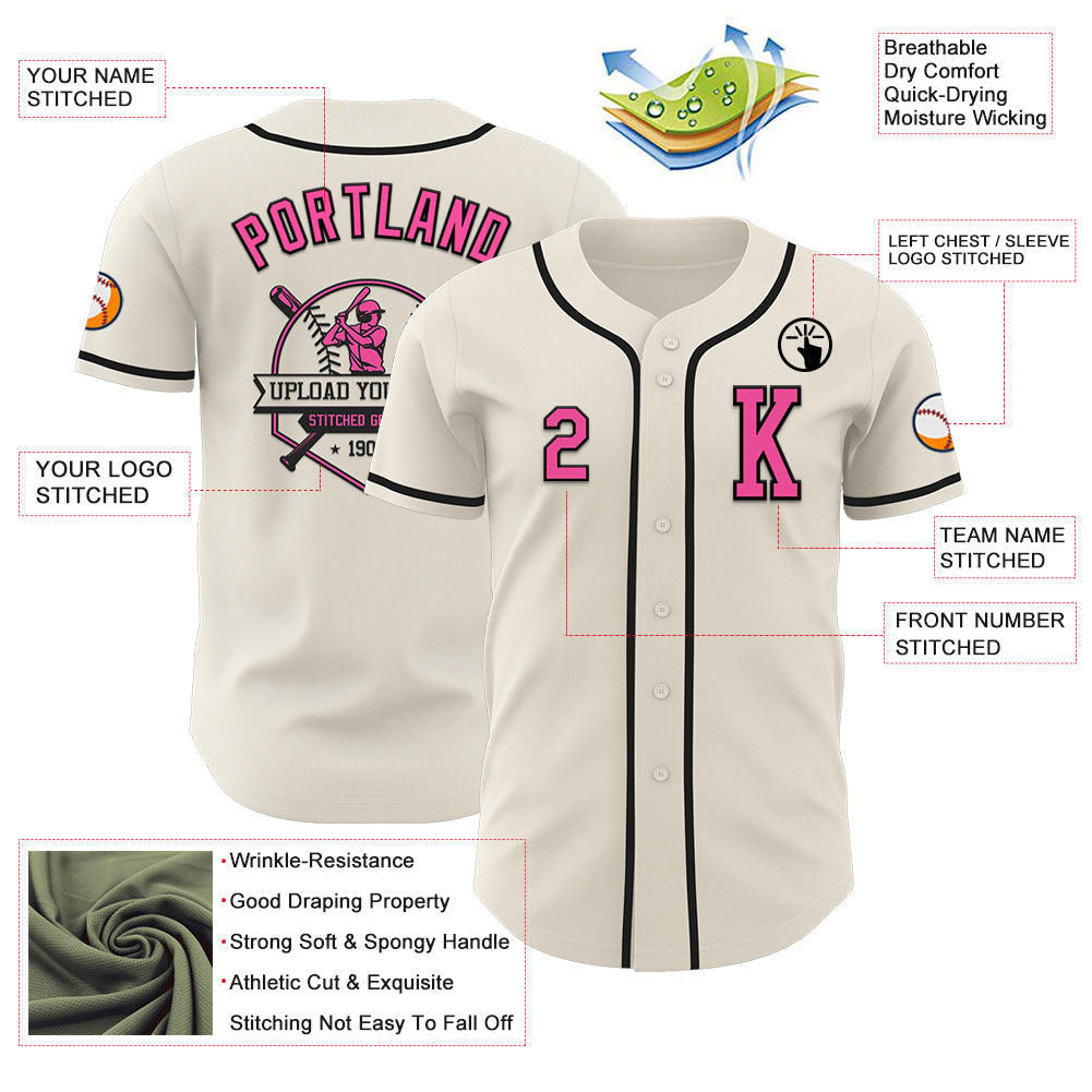 Custom Cream Pink-Black Authentic Baseball Jersey view 6
