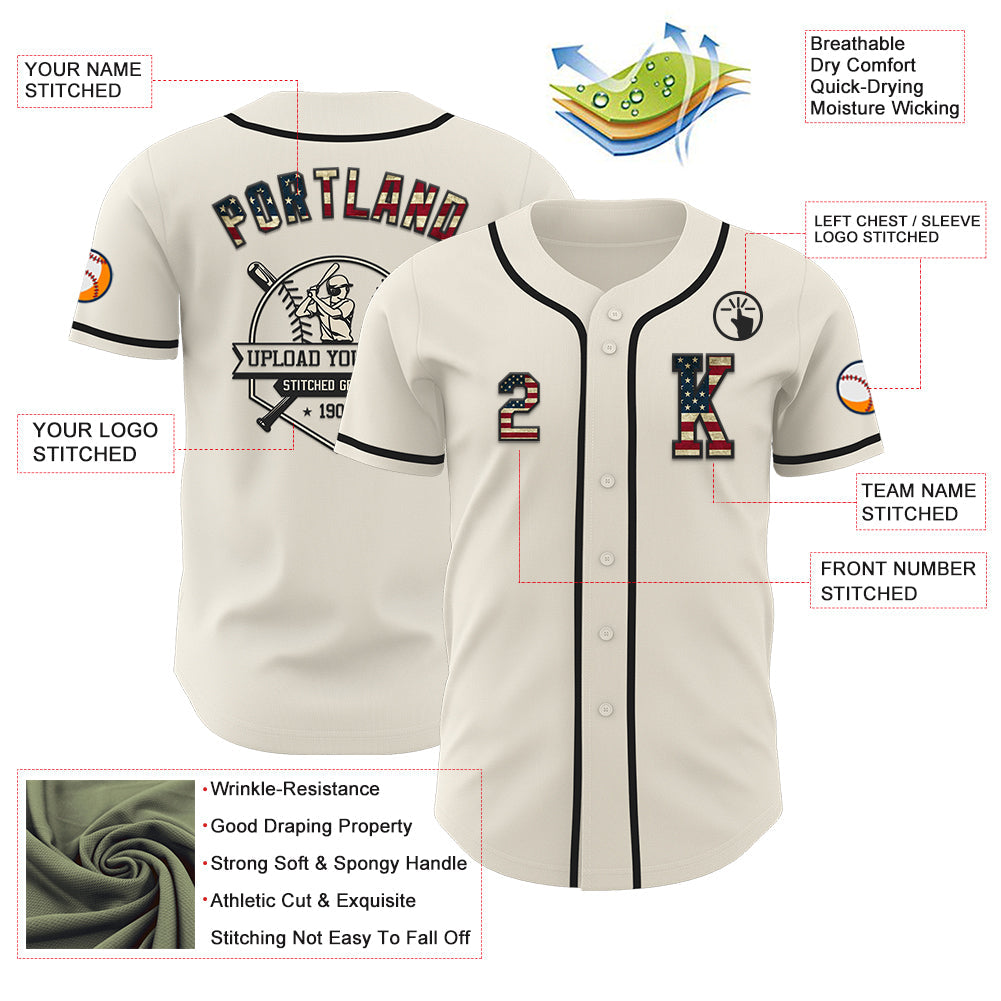 Custom Cream Vintage USA Flag-Black Authentic Baseball Jersey view 6