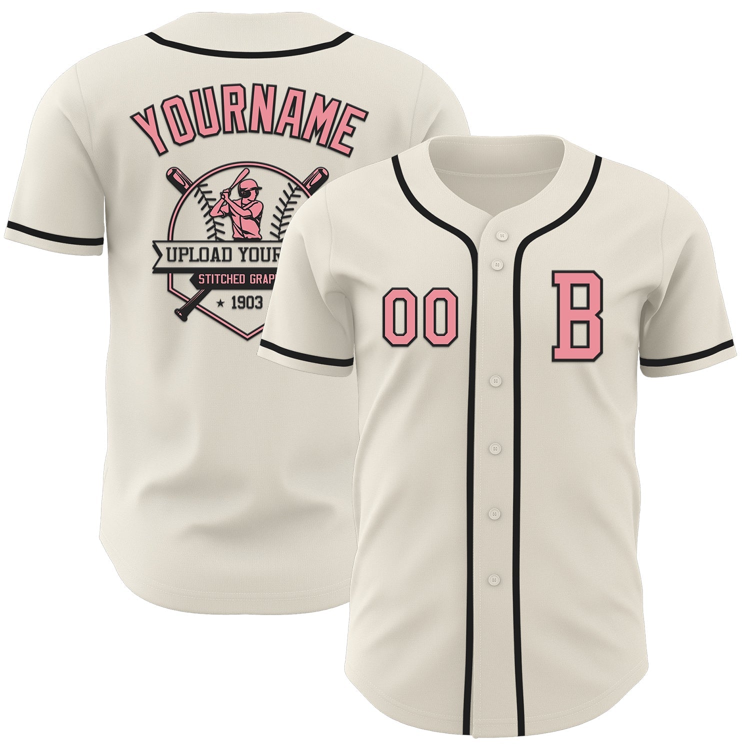 Custom Cream Medium Pink-Black Authentic Baseball Jersey view 5