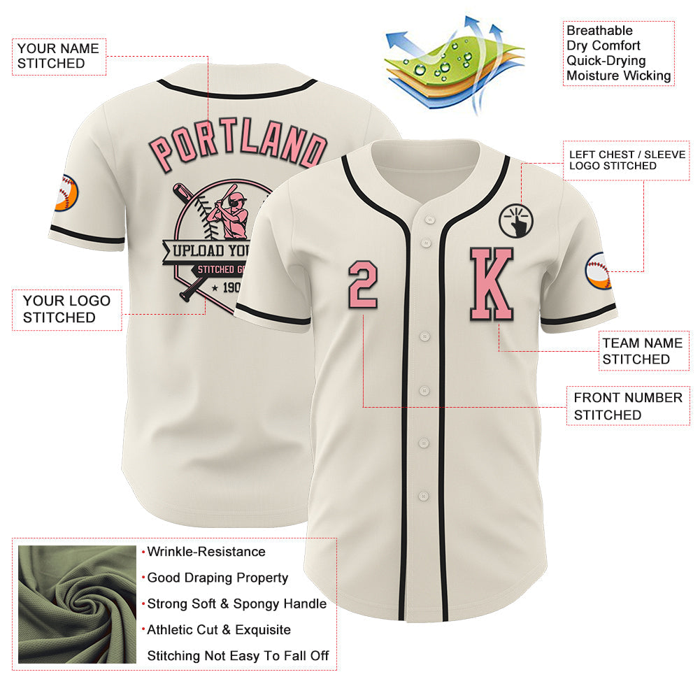 Custom Cream Medium Pink-Black Authentic Baseball Jersey view 6