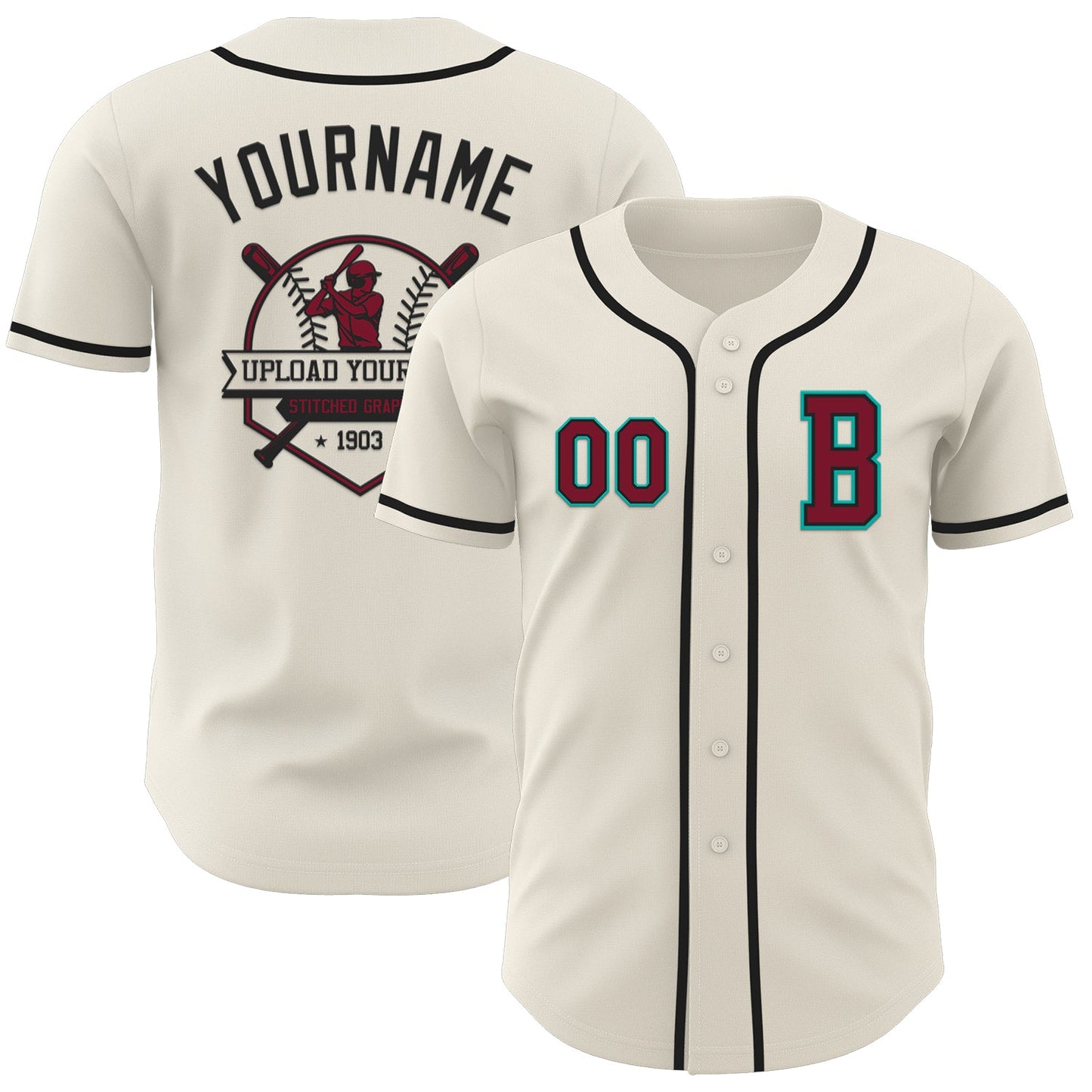 Custom Cream Crimson Black-Aqua Authentic Baseball Jersey view 5