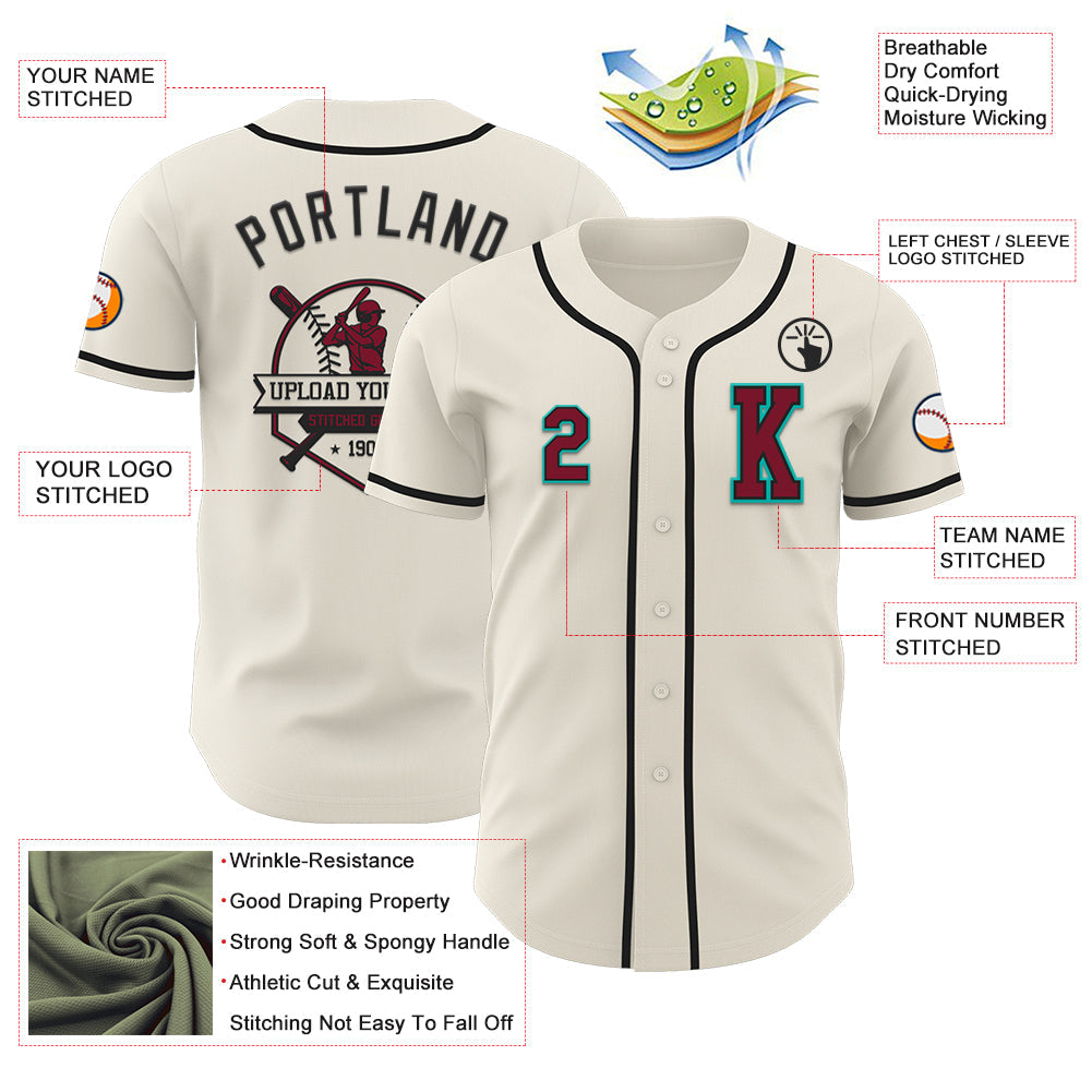 Custom Cream Crimson Black-Aqua Authentic Baseball Jersey view 6
