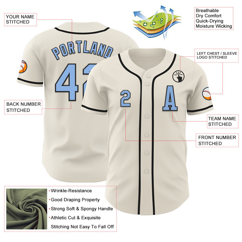 Custom Cream Light Blue-Black Authentic Baseball Jersey view 2