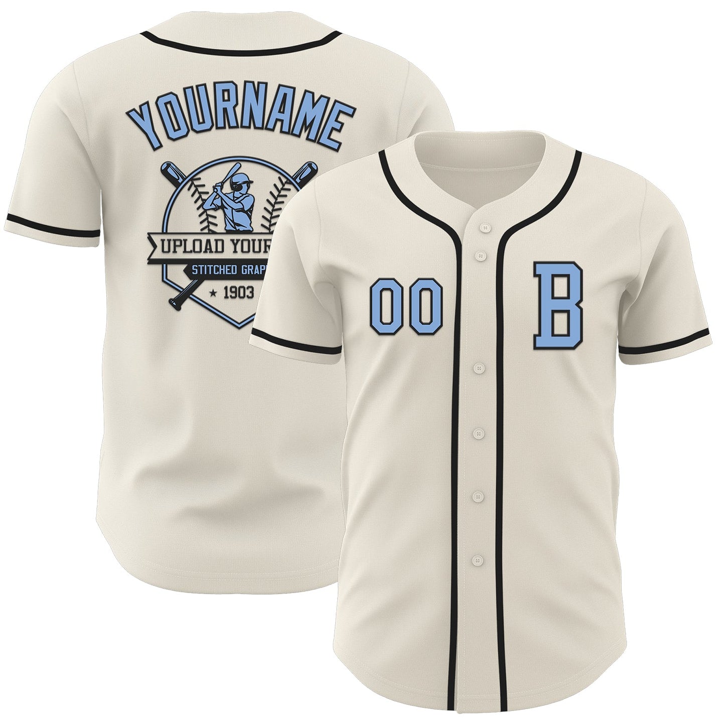 Custom Cream Light Blue-Black Authentic Baseball Jersey view 5