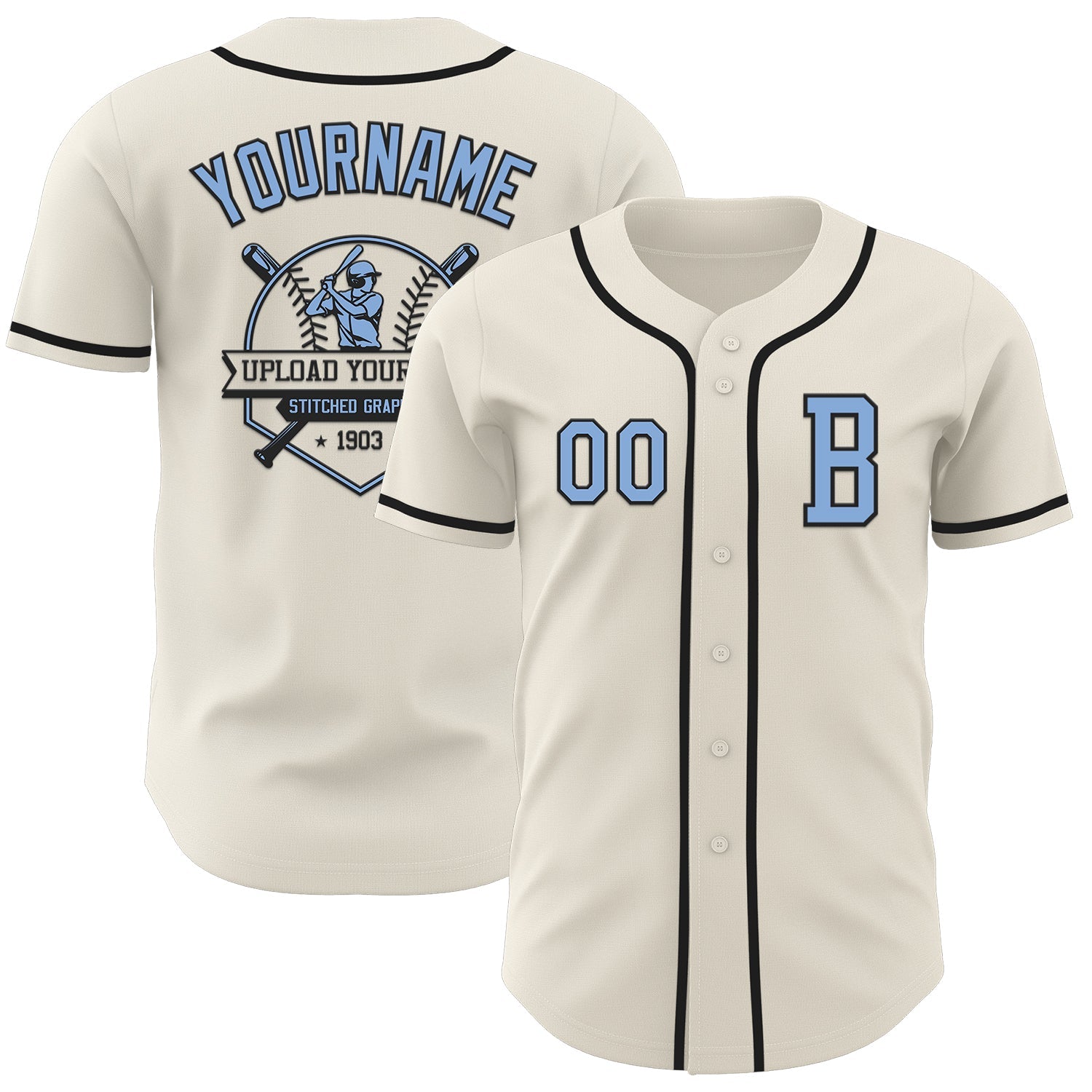 Custom Cream Light Blue-Black Authentic Baseball Jersey view 5