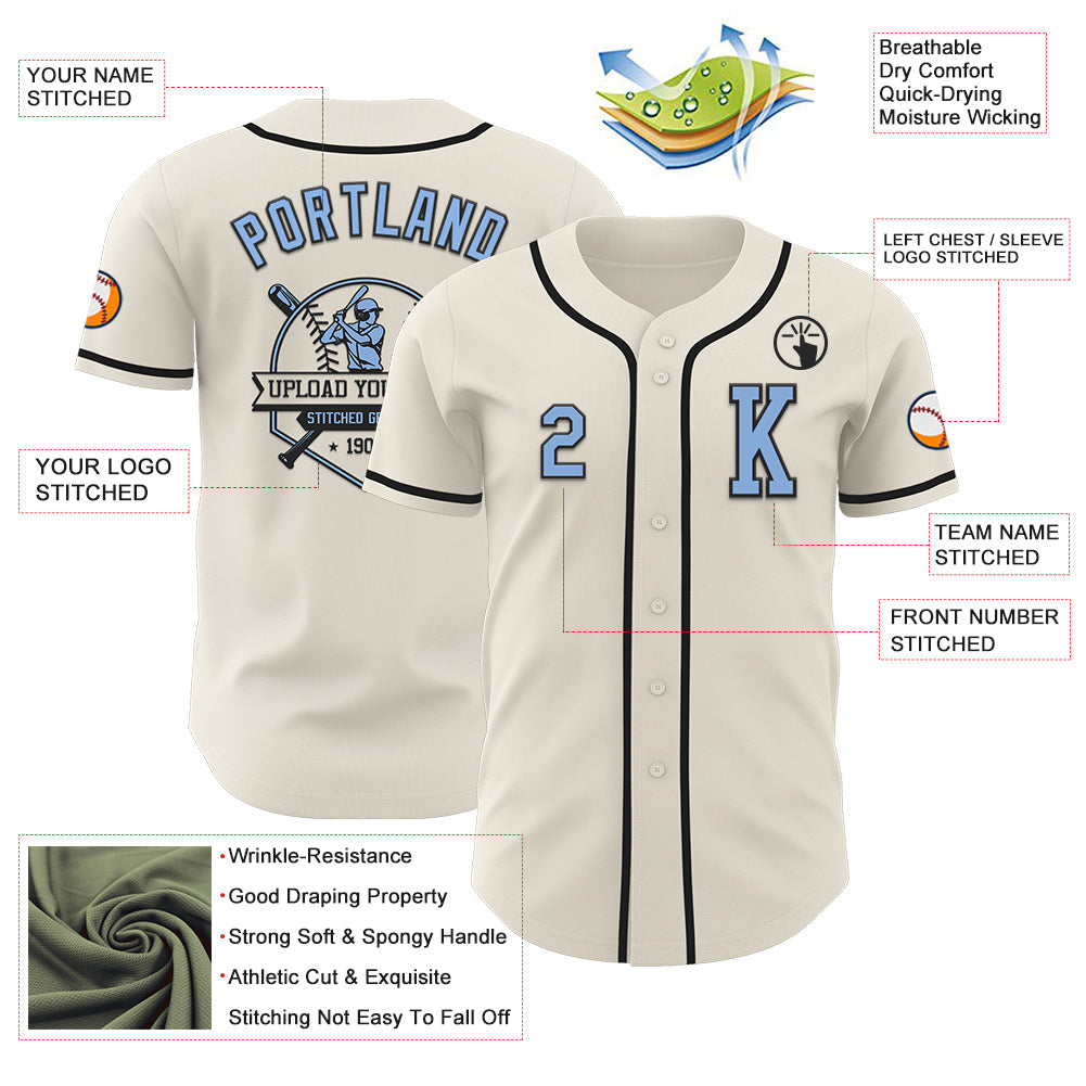 Custom Cream Light Blue-Black Authentic Baseball Jersey view 6
