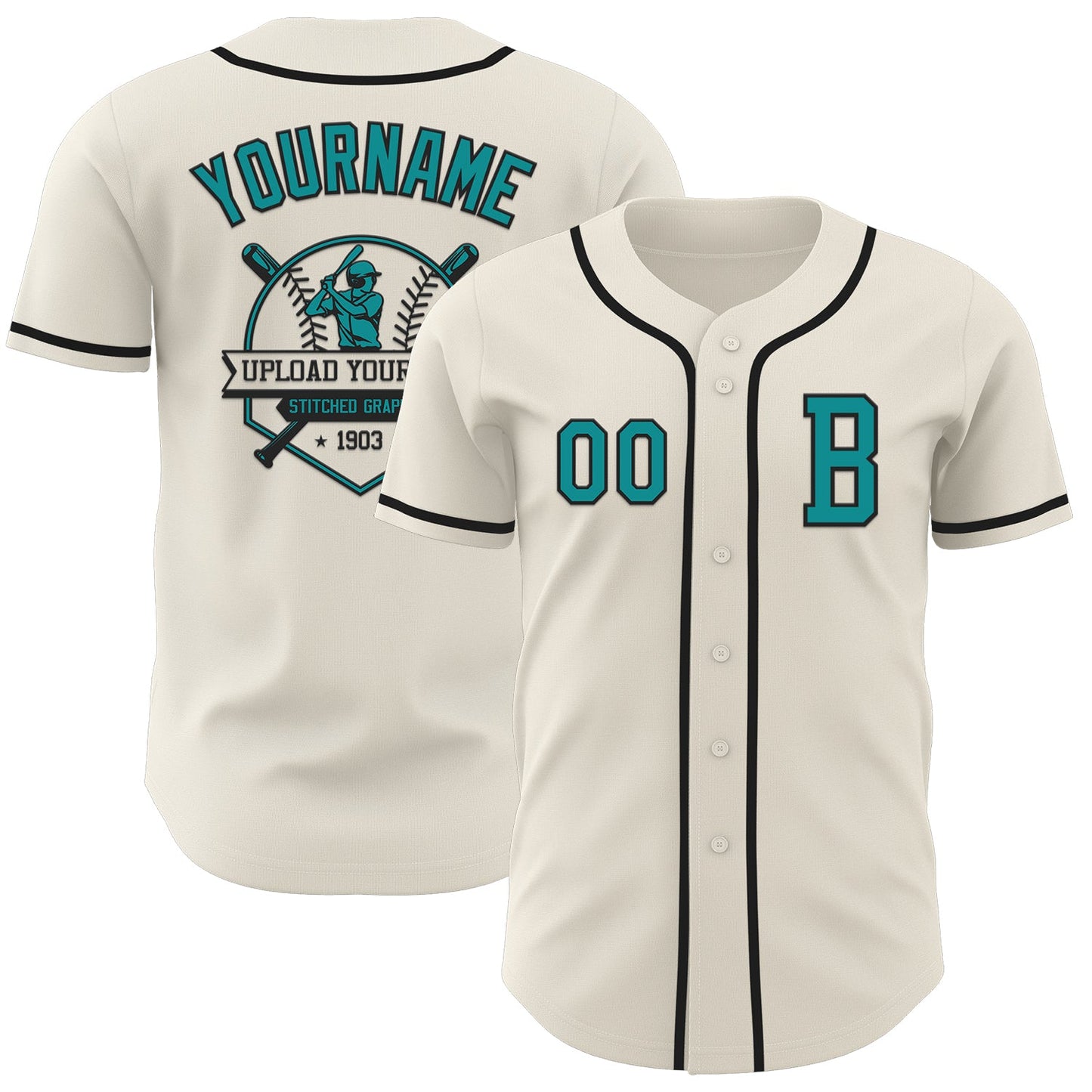 Custom Cream Teal-Black Authentic Baseball Jersey view 5