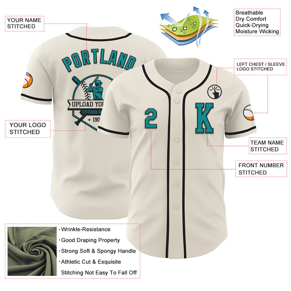 Custom Cream Teal-Black Authentic Baseball Jersey view 6