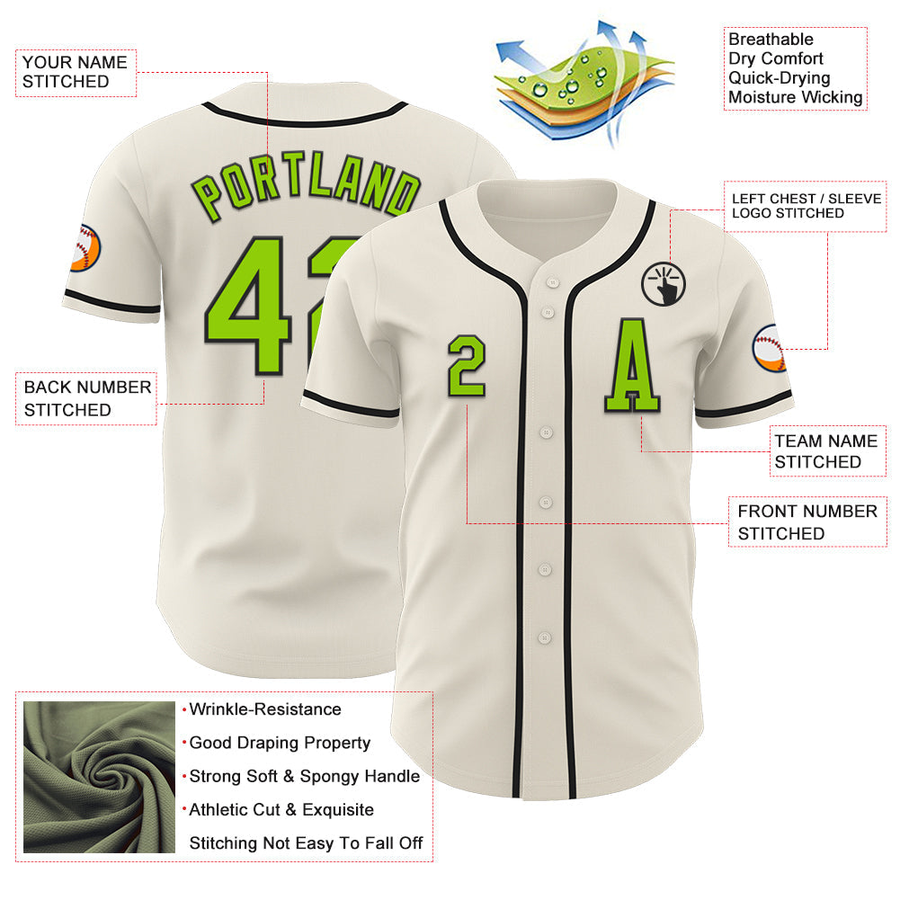 Custom Cream Neon Green-Black Authentic Baseball Jersey view 2