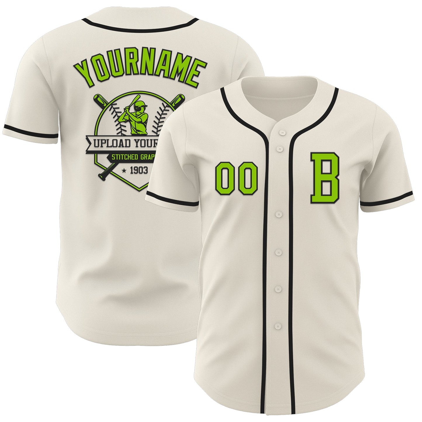 Custom Cream Neon Green-Black Authentic Baseball Jersey view 5