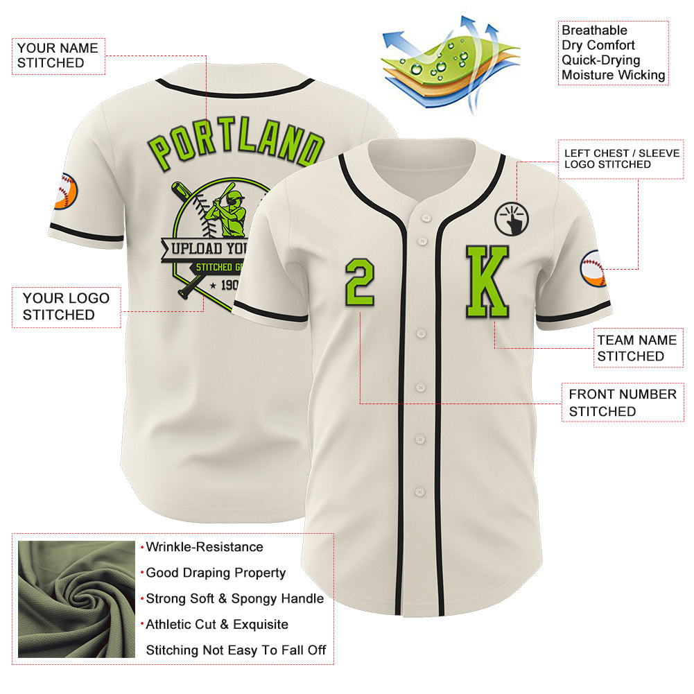 Custom Cream Neon Green-Black Authentic Baseball Jersey view 6