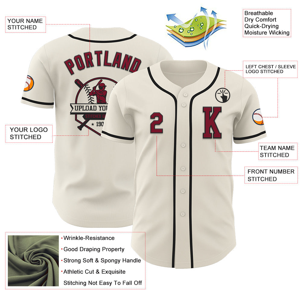 Custom Cream Crimson-Black Authentic Baseball Jersey view 6