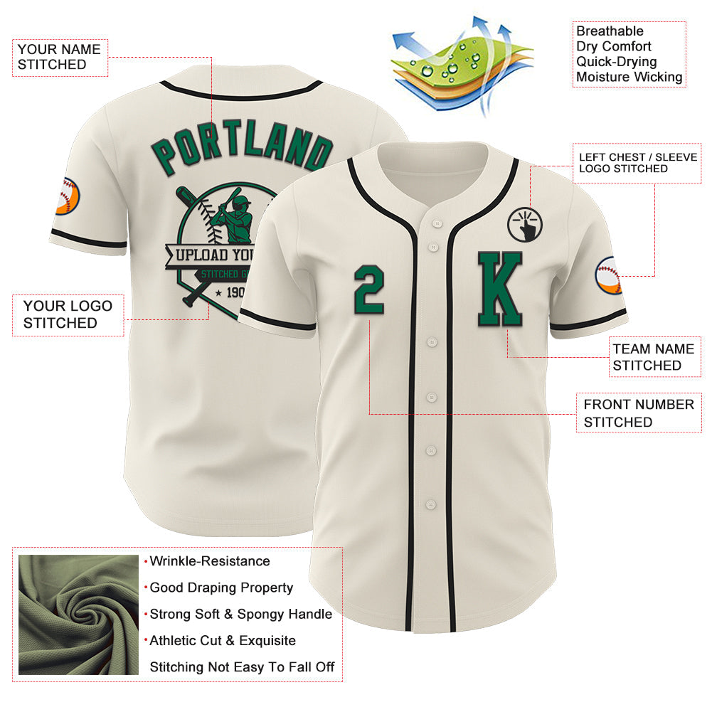 Custom Cream Kelly Green-Black Authentic Baseball Jersey view 6