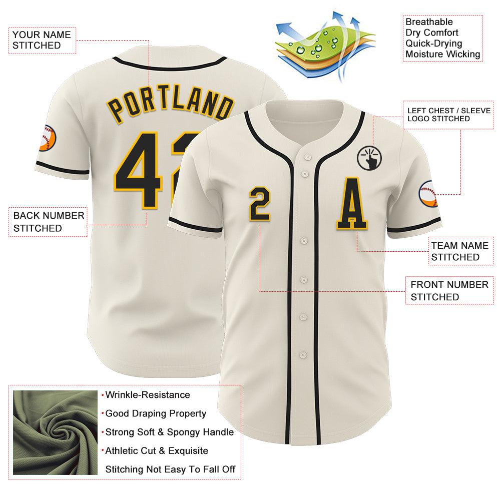Custom Cream Black-Gold Authentic Baseball Jersey view 2