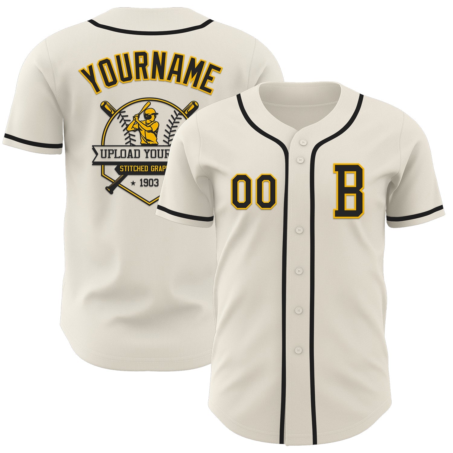 Custom Cream Black-Gold Authentic Baseball Jersey view 5