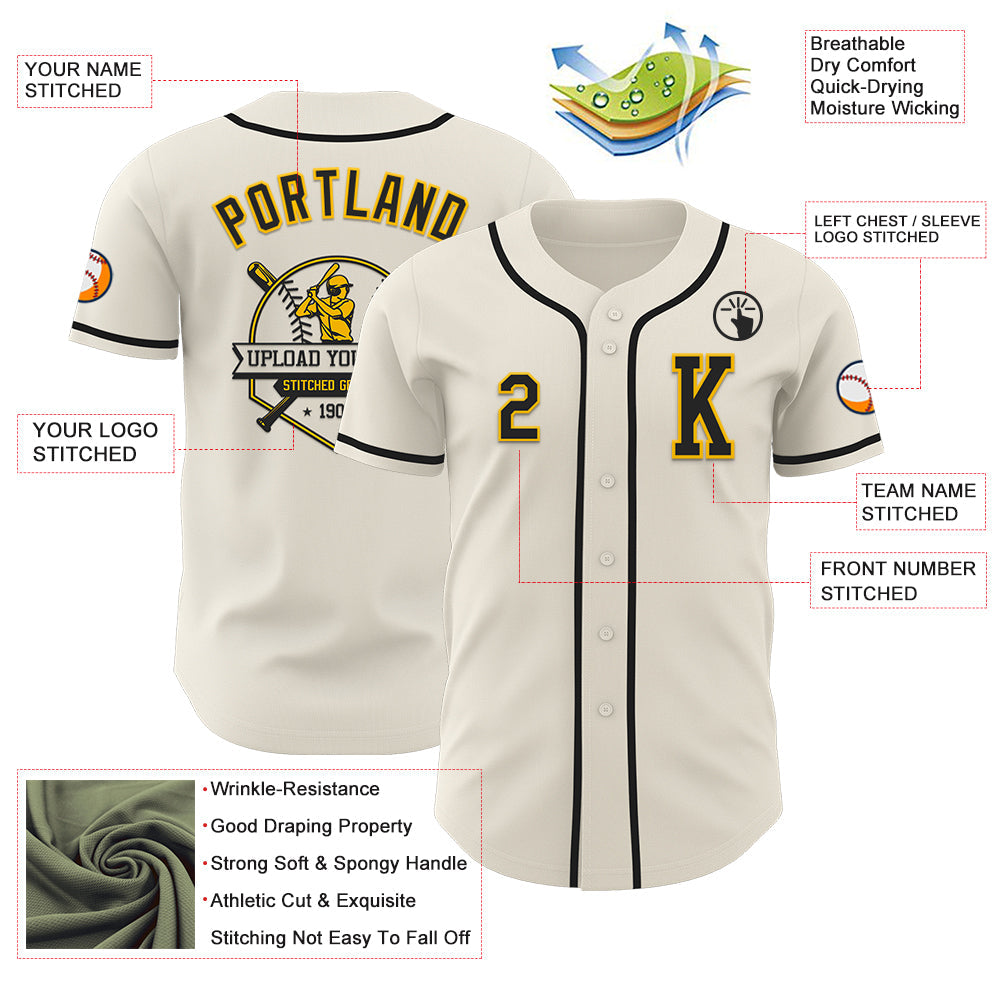 Custom Cream Black-Gold Authentic Baseball Jersey view 6