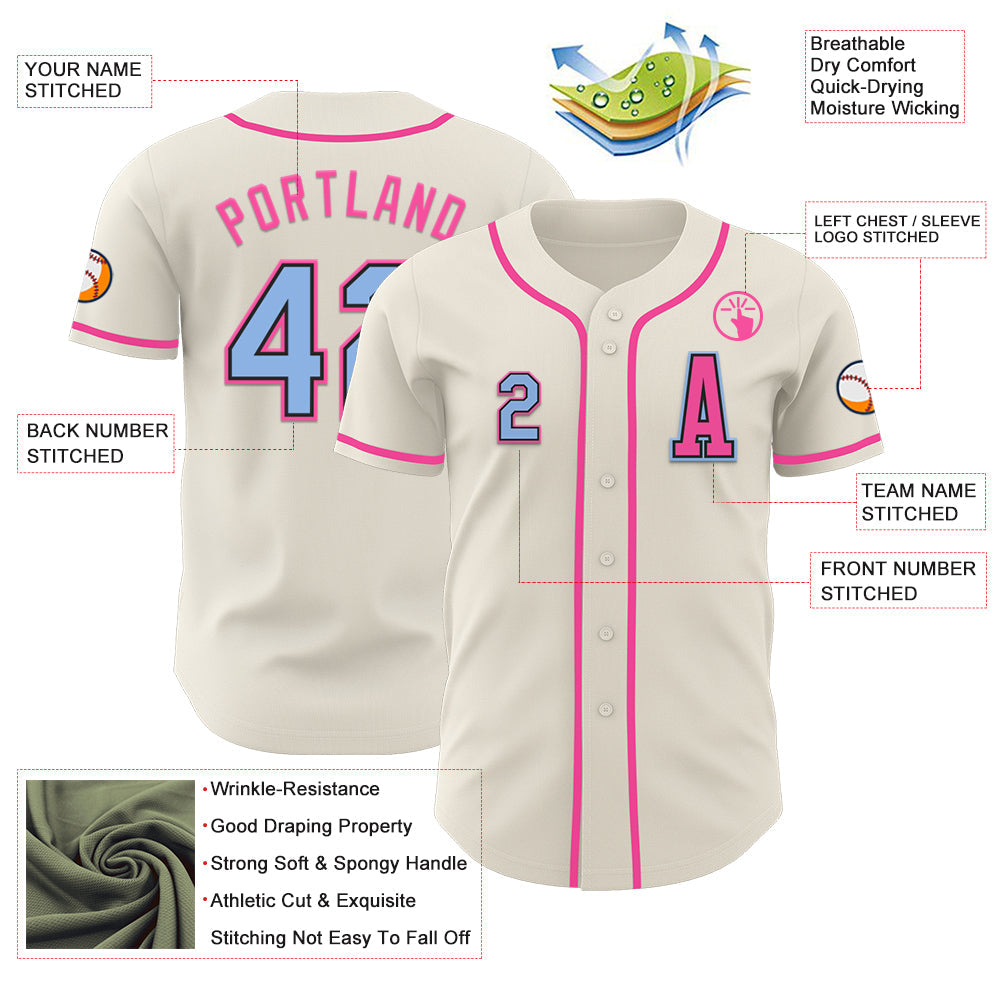 Custom Cream Light Blue Black-Pink Authentic Baseball Jersey view 2