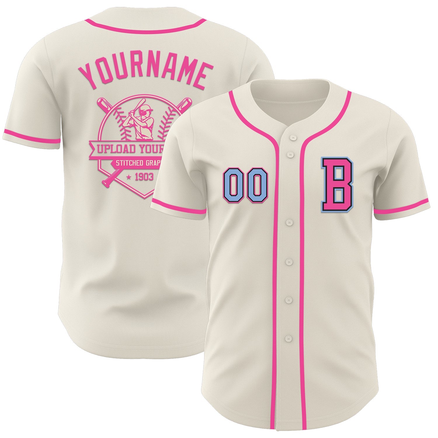 Custom Cream Light Blue Black-Pink Authentic Baseball Jersey view 5