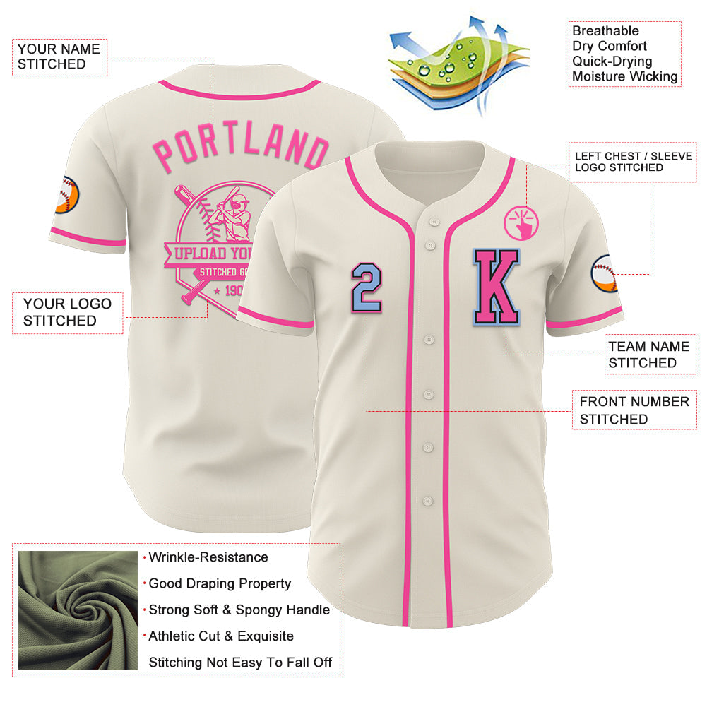 Custom Cream Light Blue Black-Pink Authentic Baseball Jersey view 6