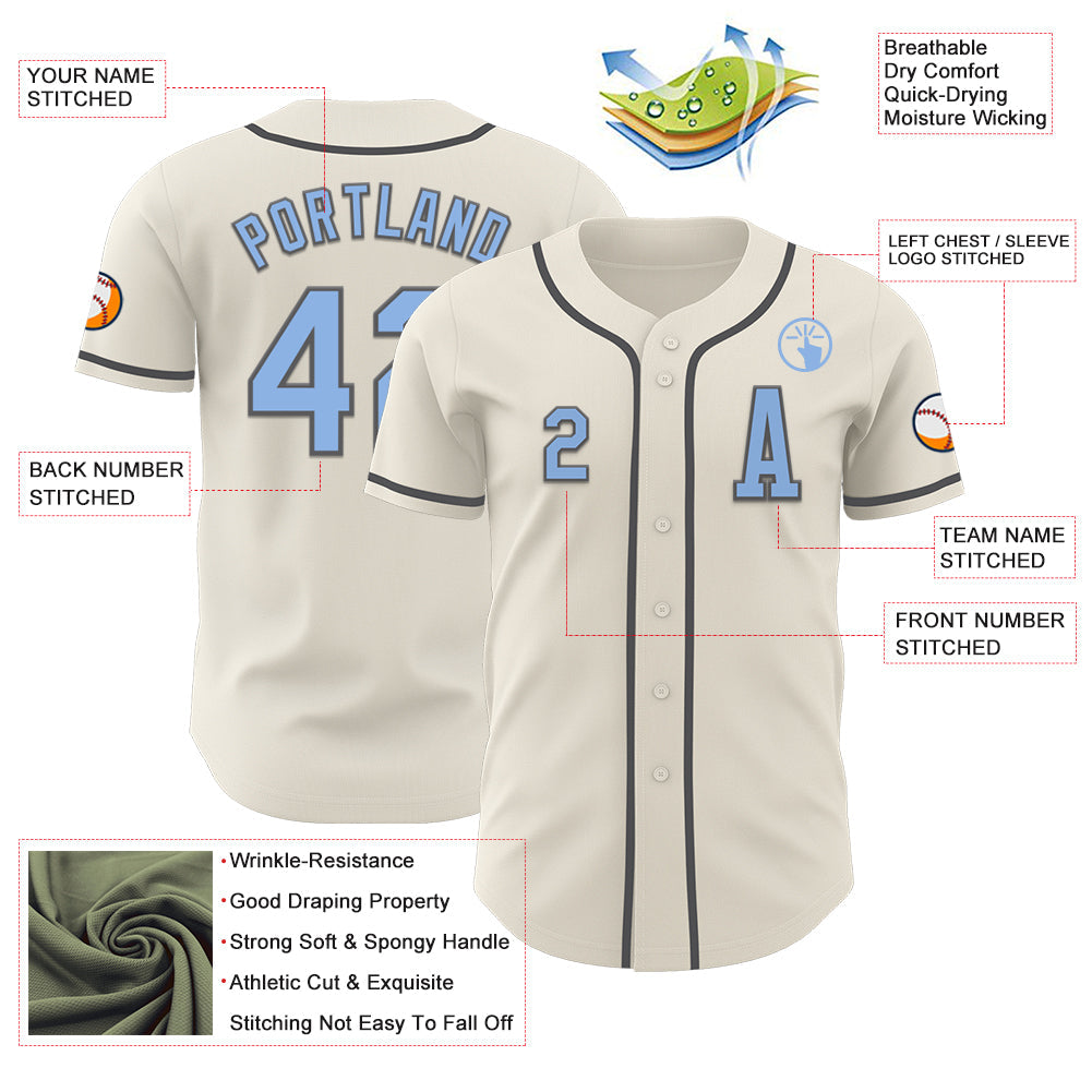 Custom Cream Light Blue-Steel Gray Authentic Baseball Jersey view 2