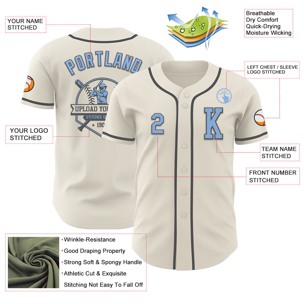 Custom Cream Light Blue-Steel Gray Authentic Baseball Jersey view 6