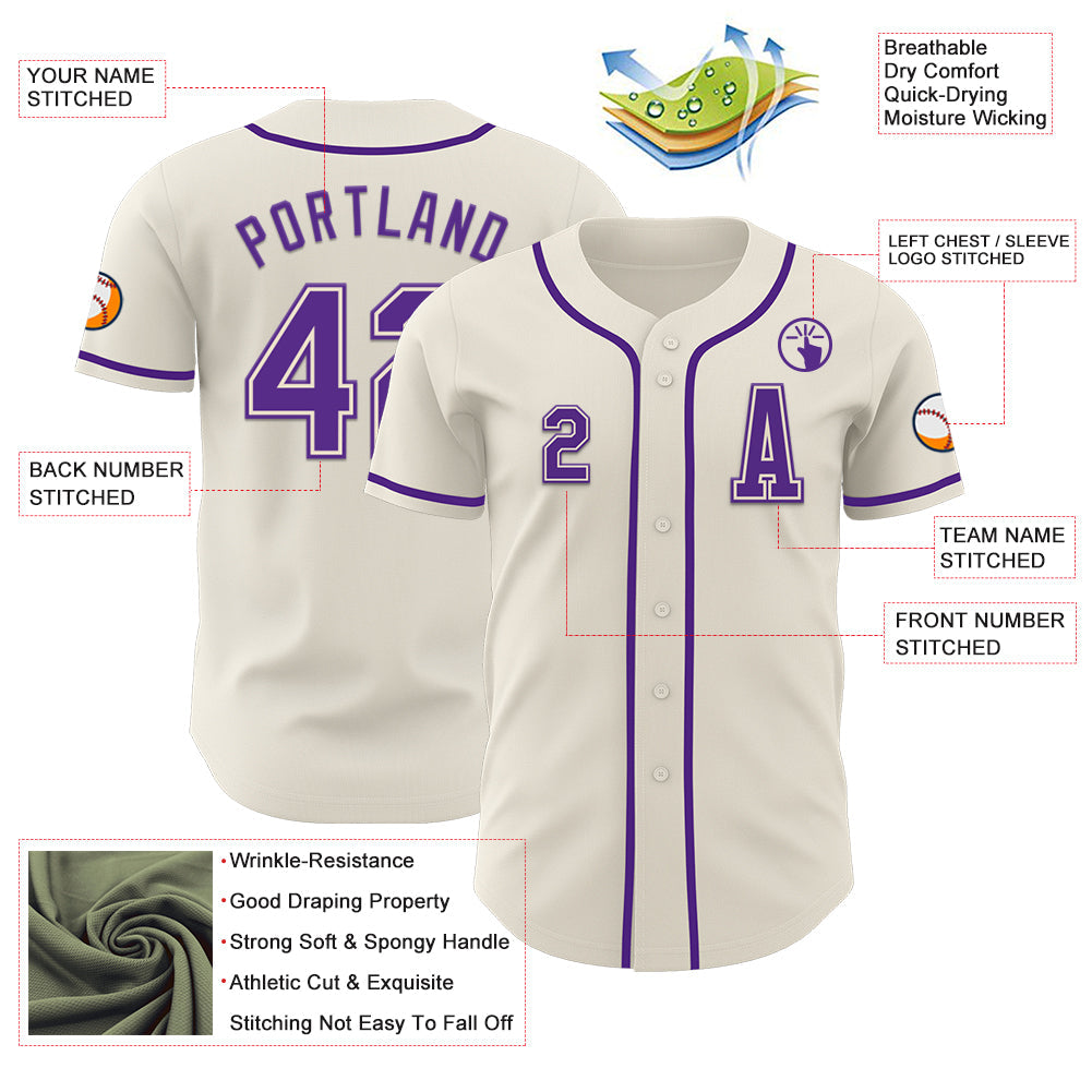 Custom Cream Purple Authentic Baseball Jersey view 2