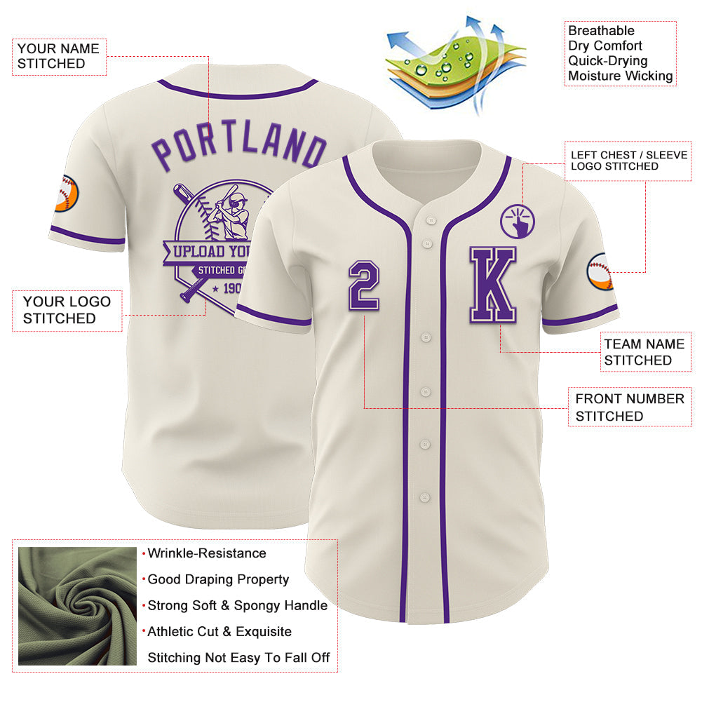 Custom Cream Purple Authentic Baseball Jersey view 6