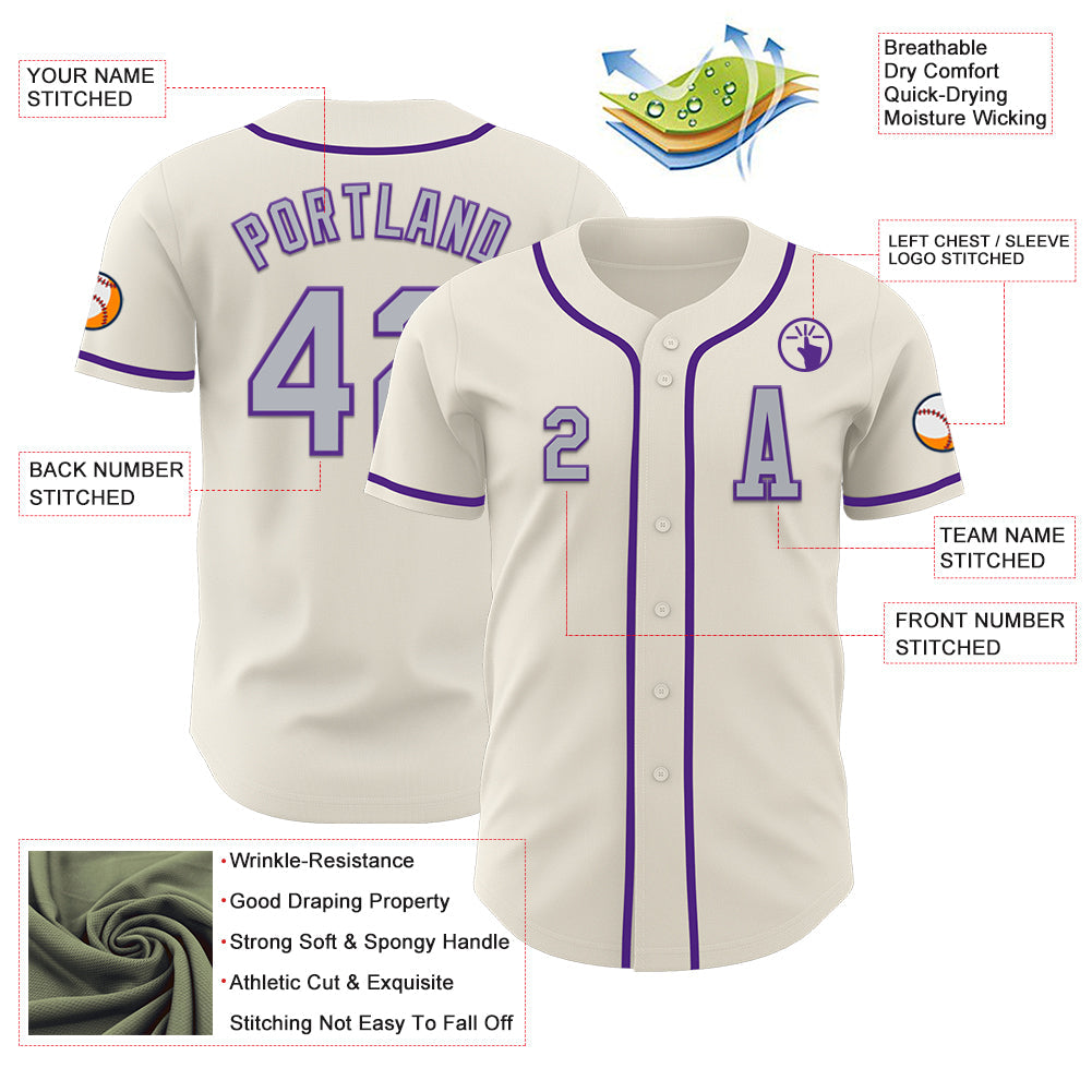 Custom Cream Gray-Purple Authentic Baseball Jersey view 2