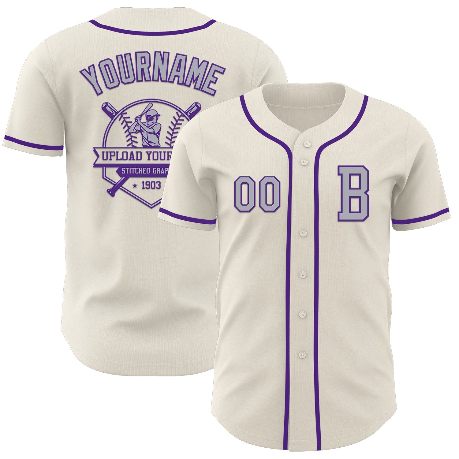 Custom Cream Gray-Purple Authentic Baseball Jersey view 5