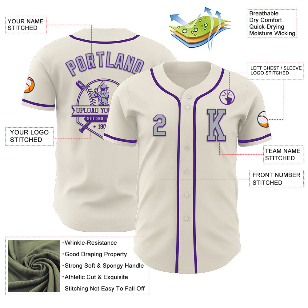 Custom Cream Gray-Purple Authentic Baseball Jersey view 6
