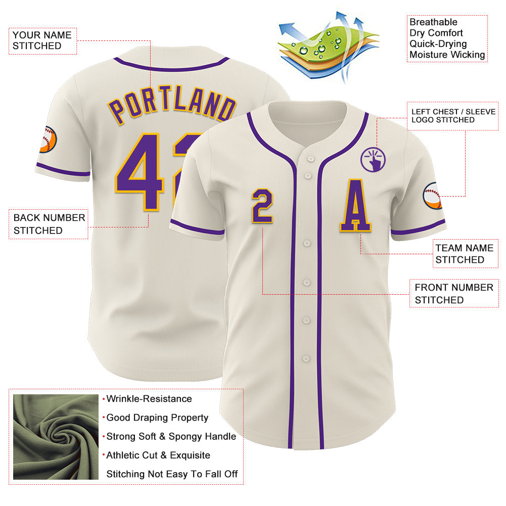 Custom Cream Purple-Gold Authentic Baseball Jersey view 2