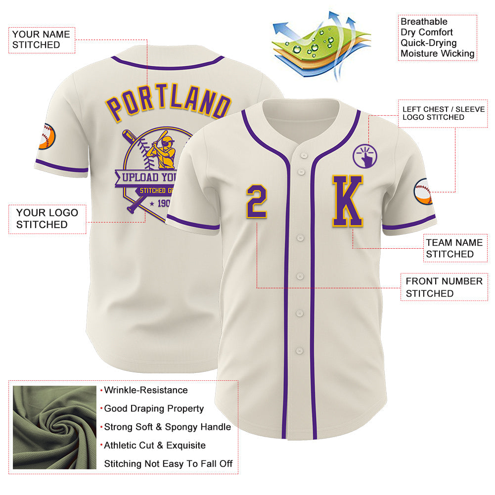 Custom Cream Purple-Gold Authentic Baseball Jersey view 6