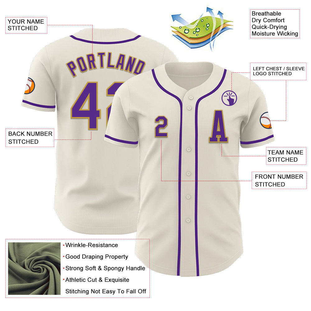 Custom Cream Purple-Old Gold Authentic Baseball Jersey view 2