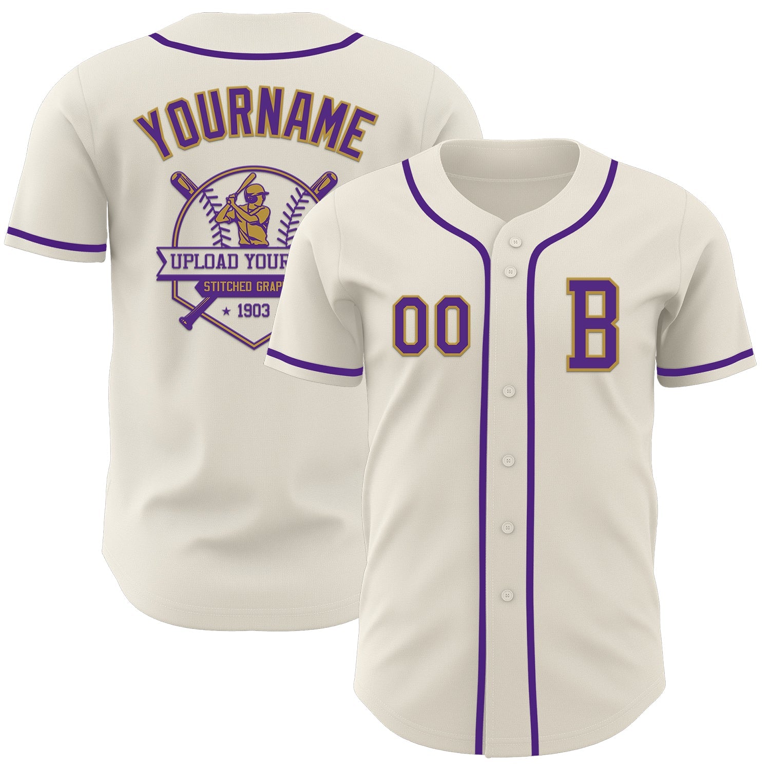 Custom Cream Purple-Old Gold Authentic Baseball Jersey view 5