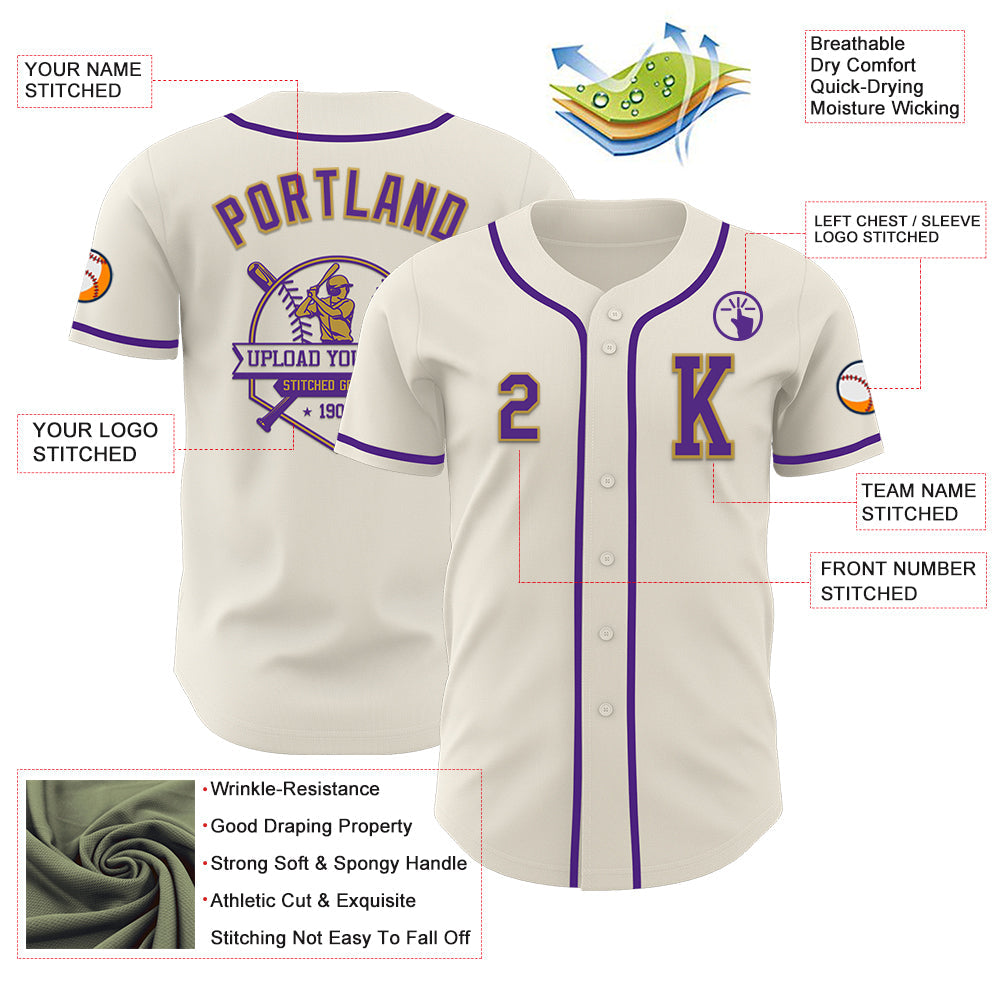 Custom Cream Purple-Old Gold Authentic Baseball Jersey view 6